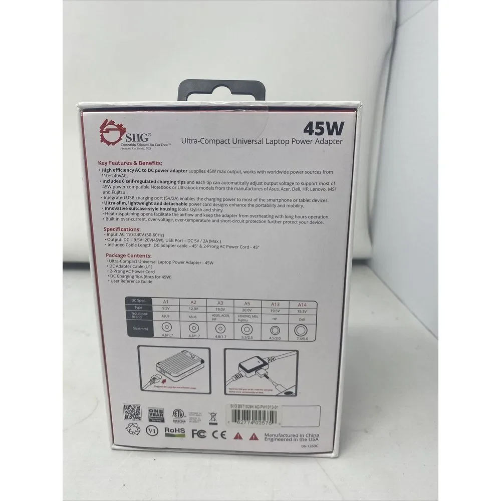 SIIG Ultra-Compact 45W Universal Laptop Power Adapter Charger - HP Dell ASUS Len